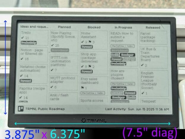 TRMNL Device showing Trello Board